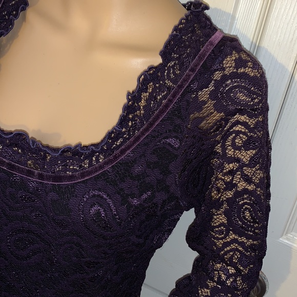 Vintage 90s royal purple stretch lace velvet ribbon square neck tunic top L - Picture 3 of 16